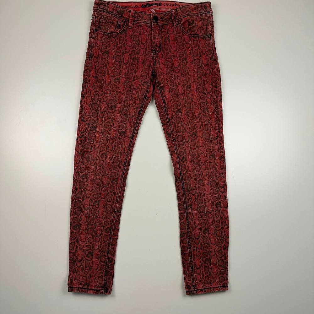 Dollhouse Y2K Snake Print Skinny Jeans Women's 11/12 Pink Black Stretch Scene